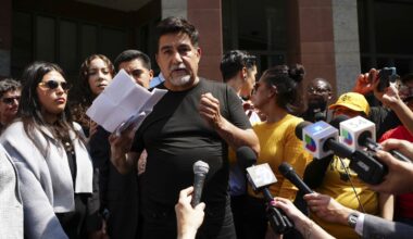 David Huerta, president of the Service Employees International Union (SEIU) California, who was arrested during an immigration raid last week, speaks after he was released on a bond in downtown Los Angeles, Monday, June 9, 2025. (AP Photo/Damian Dovarganes)