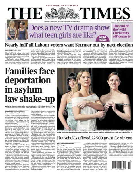 The headline on the front page of the Times reads: “Families face deportation in asylum law shake-up”.