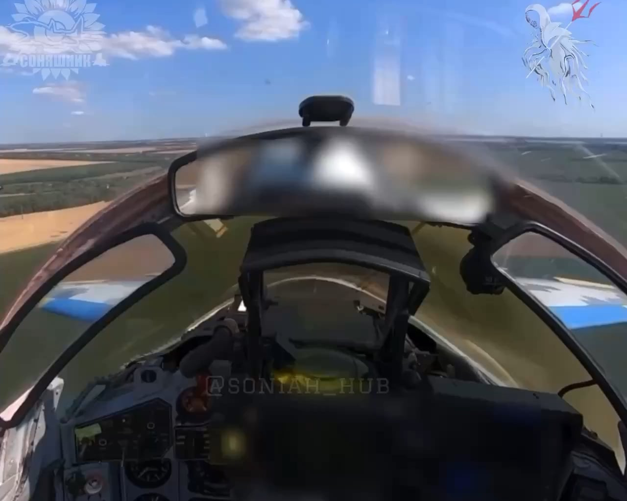 Cockpit view of a Ukrainian MiG-29 fighter jet dropping French AASM Hammer guided bombs on Russian positions. Donetsk Oblast.