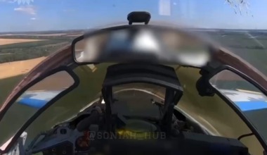 Cockpit view of a Ukrainian MiG-29 fighter jet dropping French AASM Hammer guided bombs on Russian positions. Donetsk Oblast.