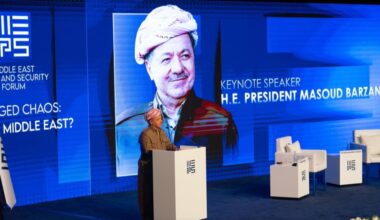 The image shows Kurdish leader Masoud Barzani giving a keynote speech at the Middle East Peace and Security (MEPS) Forum held in Duhok. (Photo via Instagram/ AUK)