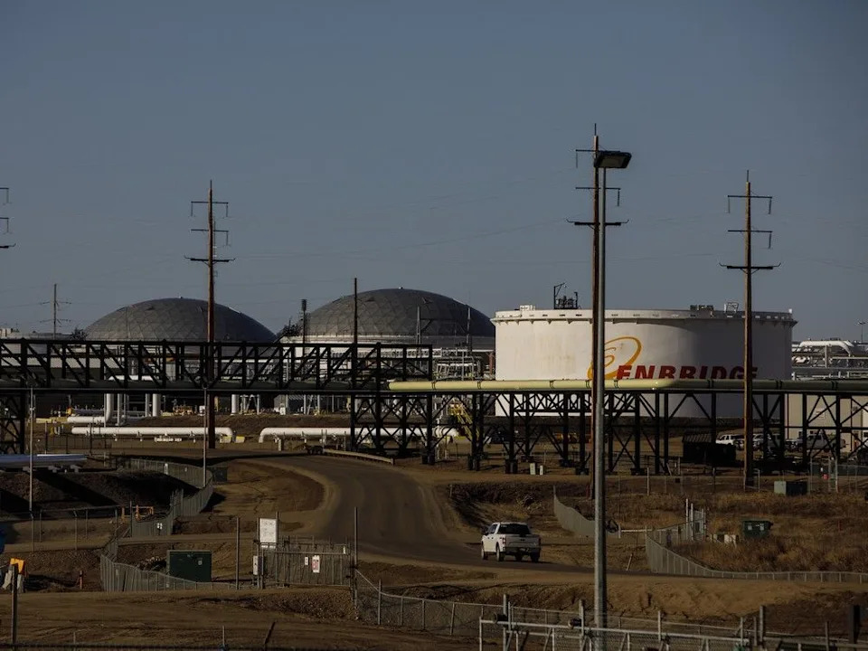  Enbridge Inc. oil storage tanks are seen in Hardisty, Alberta, Canada in 2020.