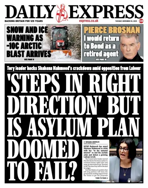 The headline on the front page of the Express reads: “'Steps in right direction' but is asylum plan doomed to fail?”.