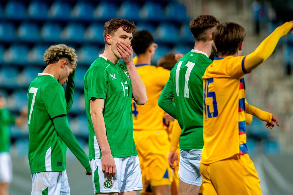 Ireland's Jacob Slater reacts during the European U21 Championship qualifying defeat to Andorra at Estadi Nacional in Andorra la Vella, Andorra. Photo: Martin Silva Cosentino/Sportsfile