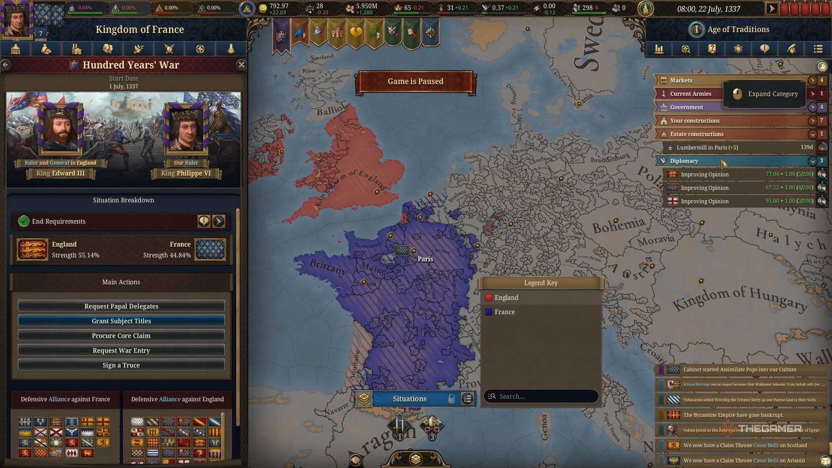 England and France's territories at the beginning of the Hundred Years War in Europa Universalis 5, with Aquitaine ambiguous in ownership.