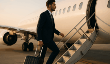 Entrepreneur boarding a sleek private jet, symbolizing business success and luxury travel in the modern corporate world.