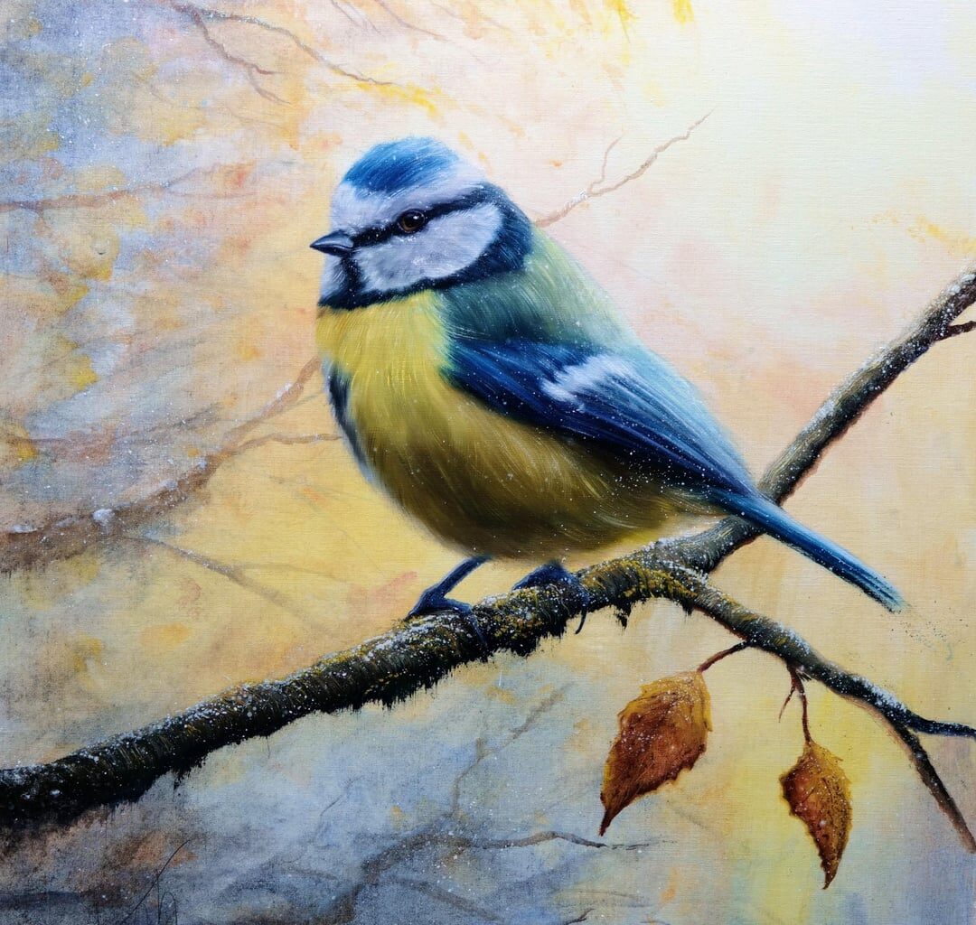 Tänkte att det passar bra idag att bjuda på en liten oljemålning av en blåmes som ser de sista löven och den första snön falla. Önskar alla en trevlig helg!
