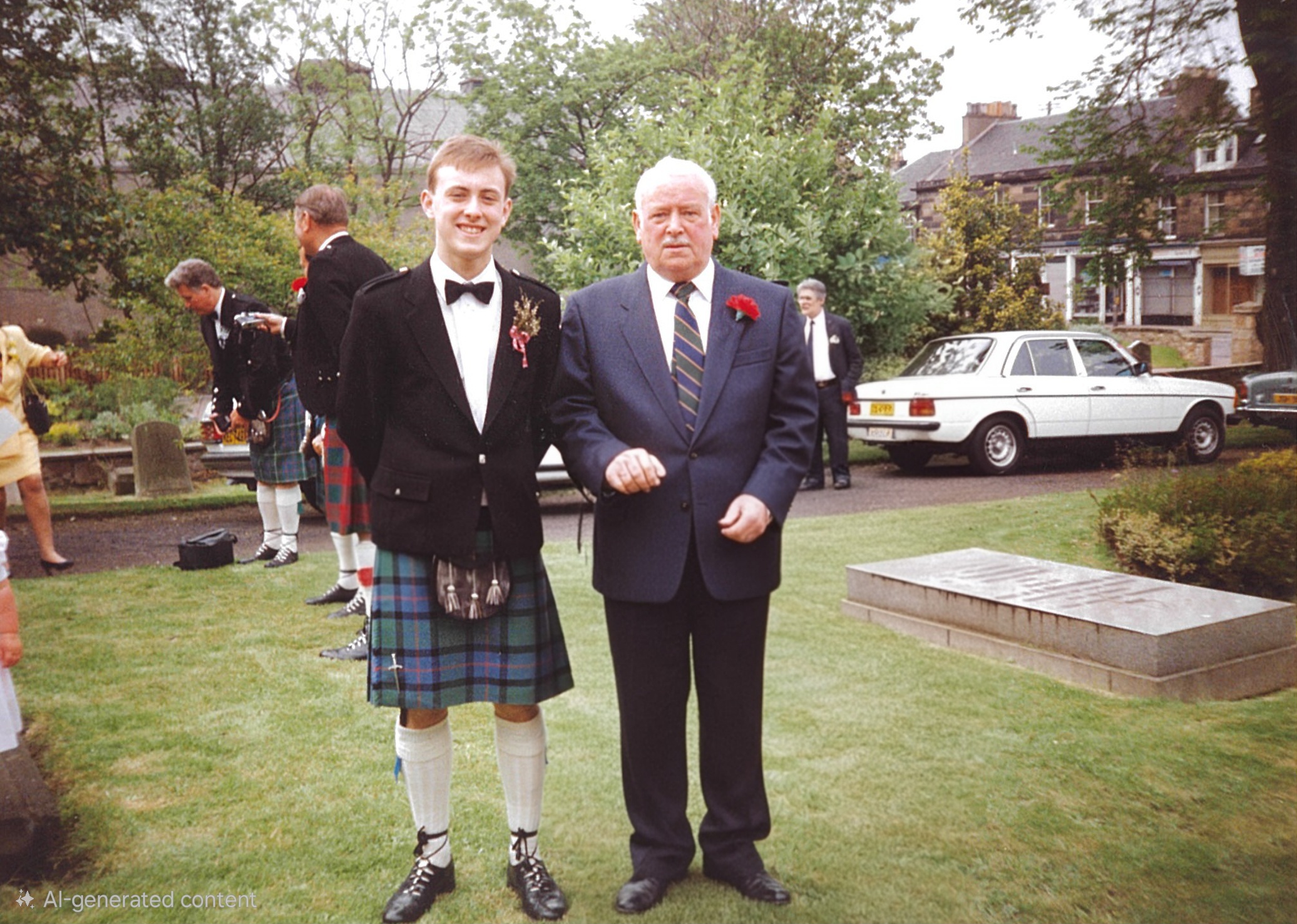 James Gould smiling while standing next to his grandfather Thomas Polson