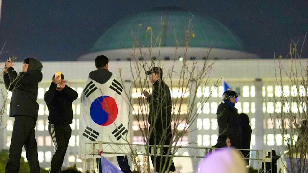 ARCHIVE - A man with a national flag stands on a wall in front of the National Assembly. The President of South Korea has declared martial law. In a speech broadcast live, he accused the country's opposition of sympathizing with North Korea. Photo: Lee Jin-man/AP/dpa (archive photo)