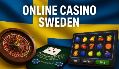 Online Casino Sweden. Images of Roulette wheel, Black Jack table and slots in front of Swedish flag
