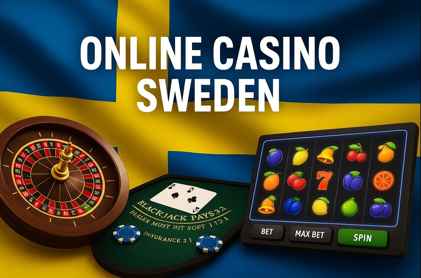 Online Casino Sweden. Images of Roulette wheel, Black Jack table and slots in front of Swedish flag