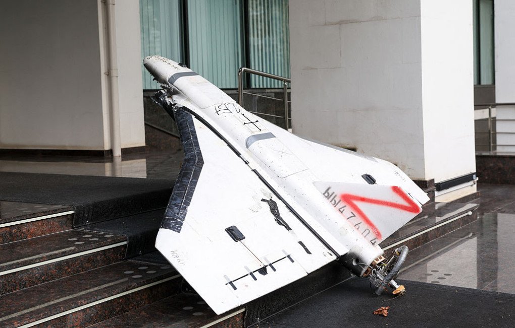 A Russian-made Gerbera drone recovered by the Moldovan police on November 25, 2025, is exposed on the stairs at the entrance of the Ministry of Foreign Affairs (MAEIE) of Moldova in Chisinau. (Source: Getty Images)