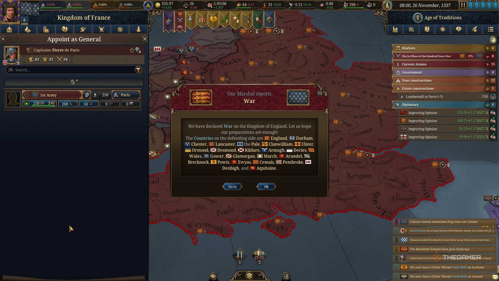 France declaring war on England to begin the fighting in the Hundred Years War in Europa Universalis 5.