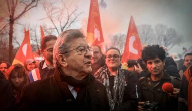 Founder of French left-wing La France Insoumise (LFI) party Jean-Luc Melenchon meets with employees of ArcelorMittal, who came to Paris by bus from sites in the North and Moselle to join a protest to support a bill to nationalise French operations of the Luxembourg-based steelmaking giant