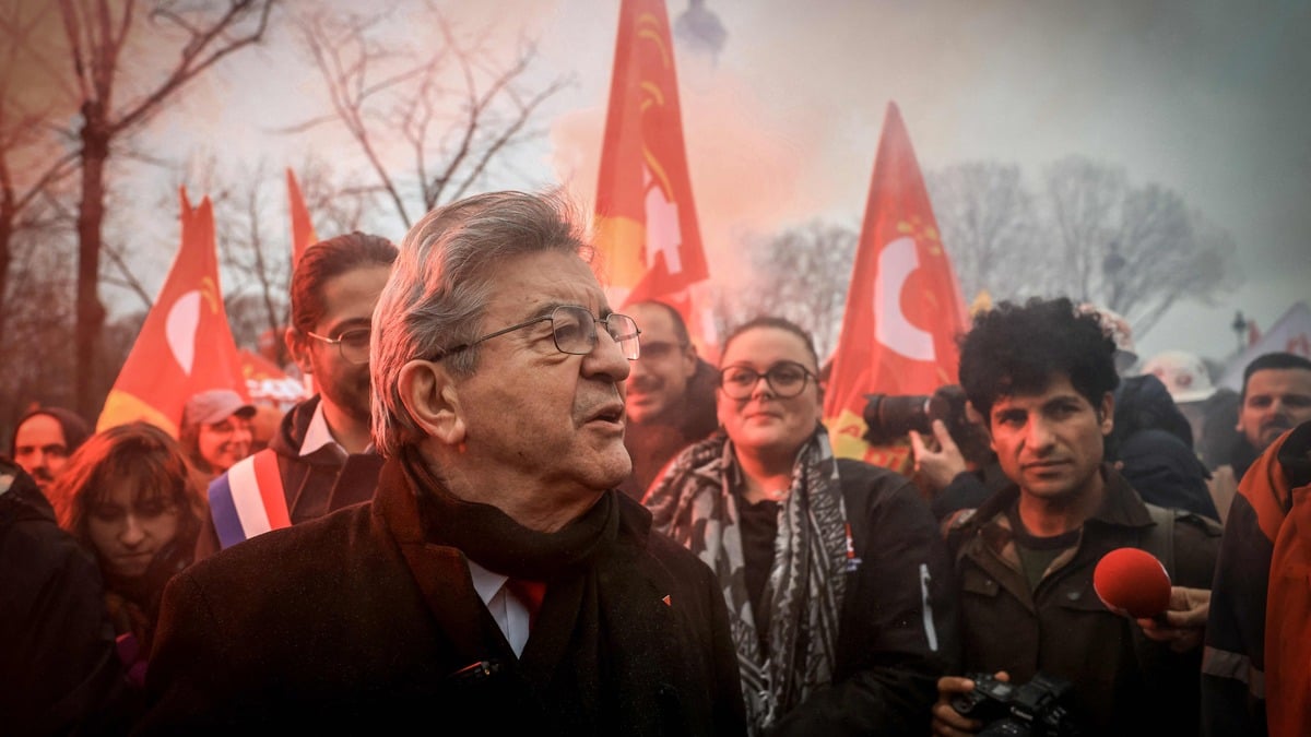 Founder of French left-wing La France Insoumise (LFI) party Jean-Luc Melenchon meets with employees of ArcelorMittal, who came to Paris by bus from sites in the North and Moselle to join a protest to support a bill to nationalise French operations of the Luxembourg-based steelmaking giant