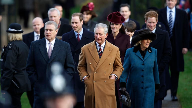 From left, Britain's Prince Andrew, Prince William, Prince Charles, Kate Duchess of Cambridge, Camilla Duchess of Cornwall and Prince Harry arrive to attend a Christmas Service at St Mary's church on the grounds of Sandringham Estate.