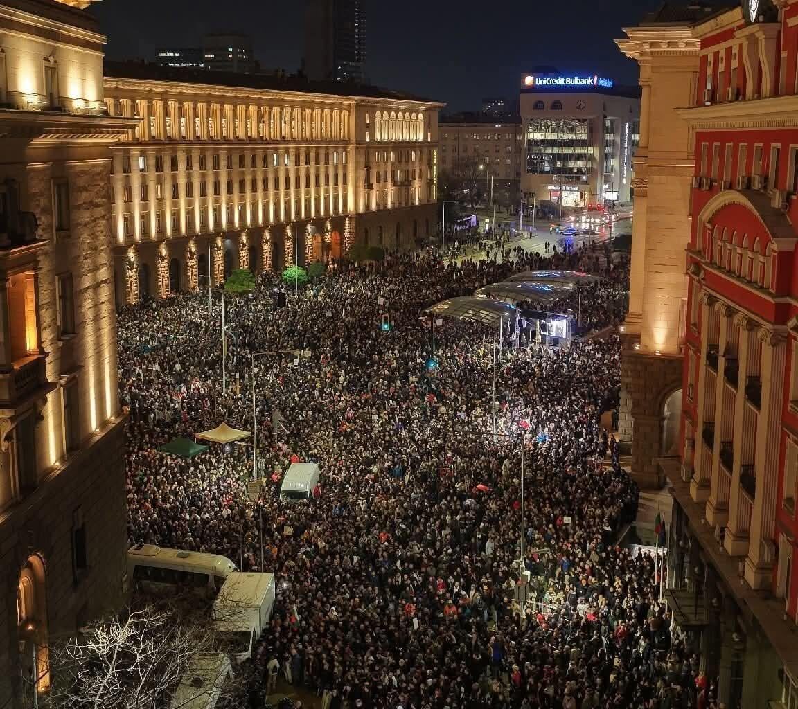 Sofia, Bulgaria tonight - thousands protest against the government's budget for 2026