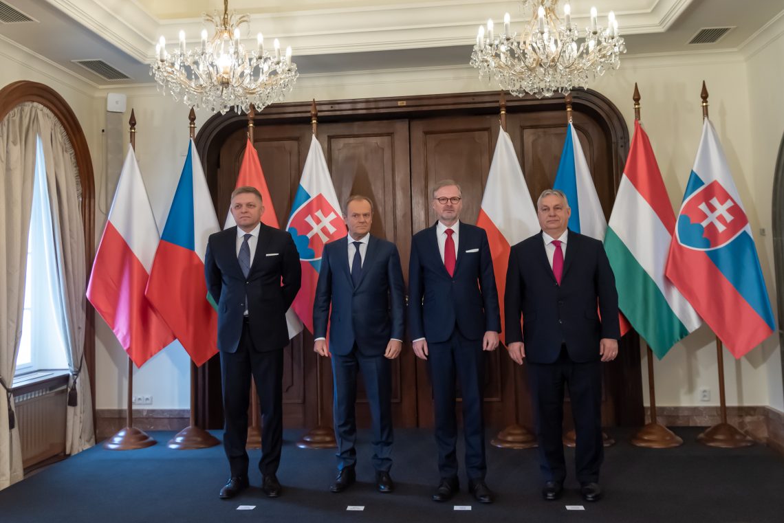 The prime ministers of Slovakia, Poland, Czechia and Hungary stand somewhat uncomfortably next to one another at their Prague summit in February 2024; they have not met in 2025.