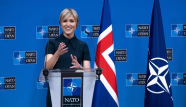 May 28: Iceland’s Prime Minister Kristrun Frostadottir speaks at a press conference at NATO headquarters in Brussels, Belgium. The country plays an essential role within NATO by managing air defense and surveillance systems, as well as offering crucial host-nation support and infrastructure for Allied air policing efforts