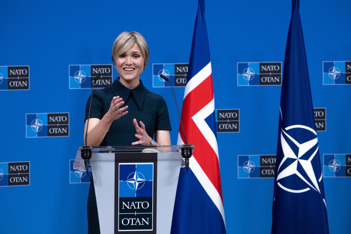 May 28: Iceland’s Prime Minister Kristrun Frostadottir speaks at a press conference at NATO headquarters in Brussels, Belgium. The country plays an essential role within NATO by managing air defense and surveillance systems, as well as offering crucial host-nation support and infrastructure for Allied air policing efforts