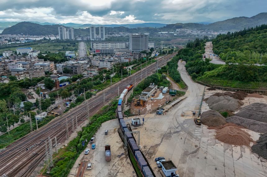 A train departs Kunming in southwestern China's Yunnan province earlier this year bound for Laos and carrying goods for markets in Thailand, Singapore and Bangladesh.