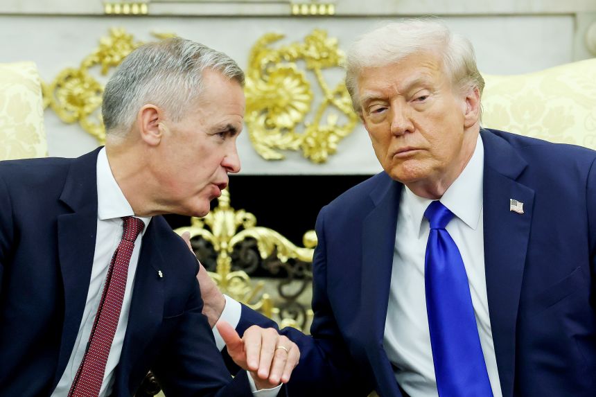 US President Donald Trump, right, and Canadian Prime Minister Mark Carney speak to reporters in the Oval Office of the White House in Washington, DC on October 7, 2025.