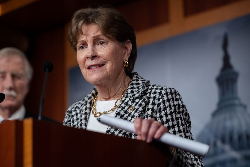 Sen. Jeanne Shaheen speaks with other Senate Democrats who voted to advance a bill to restore government funding on November 9, 2025.