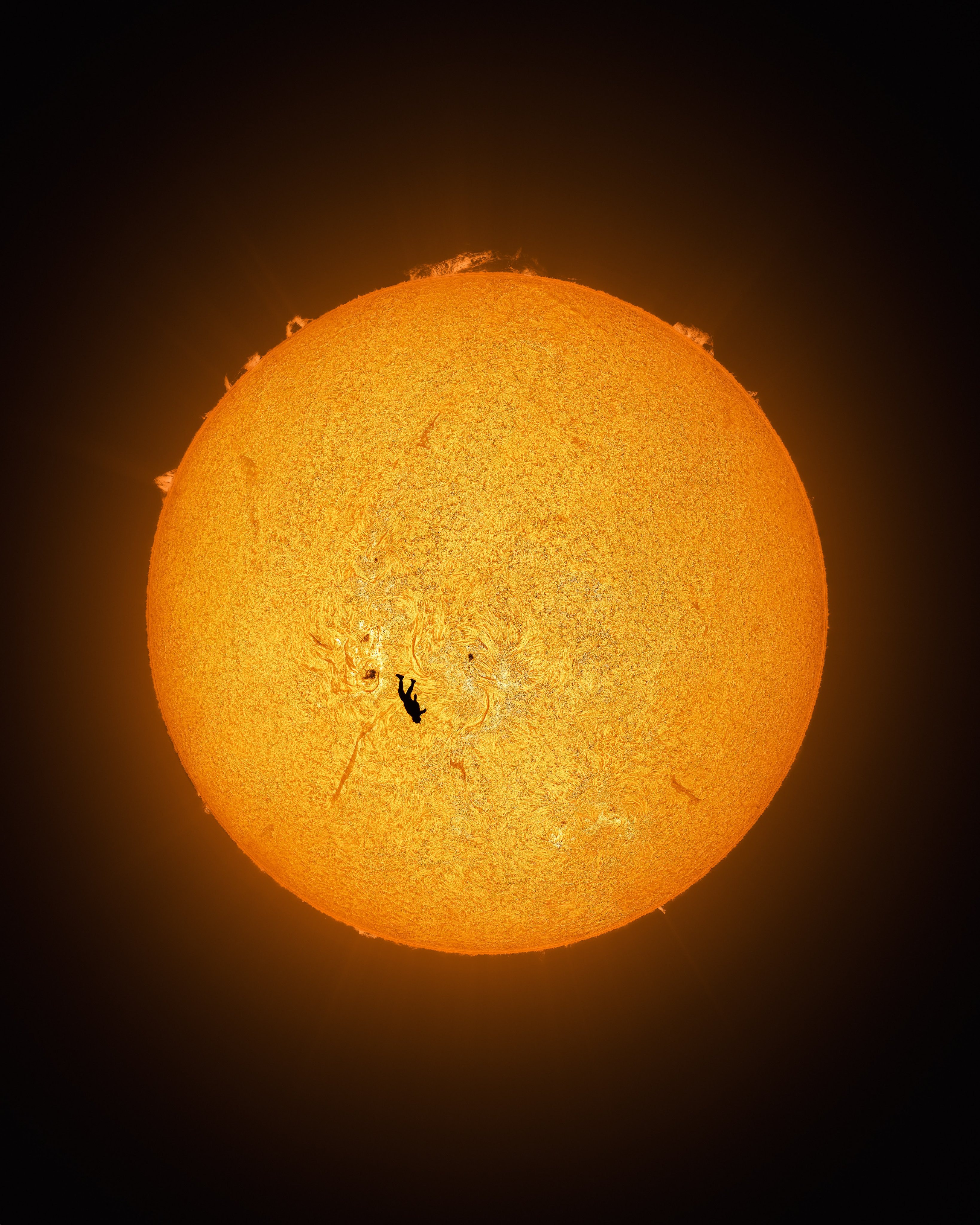 A silhouetted skydiver falls in front of the boiling sun.