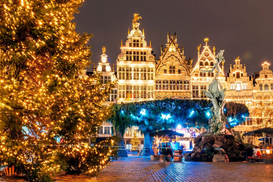 Grote Markt square decorated with beautiful Christmas lights for Christmas holidays, Antwerpen, Flanders, Belgium