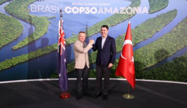 Turkish Ministry of Environment and Urbanization Murat Kurum shakes hands with the Minister for Climate Change and Energy of Australia, Chris Bowen, at the 30th Conference of the Parties (COP30) to the UN Framework Convention on Climate Change (UNFCCC) in Belem, Brazil on Nov. 22, 2025. (AA Photo)