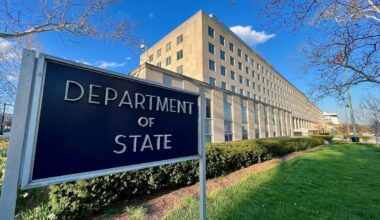 US State Department building and sign.