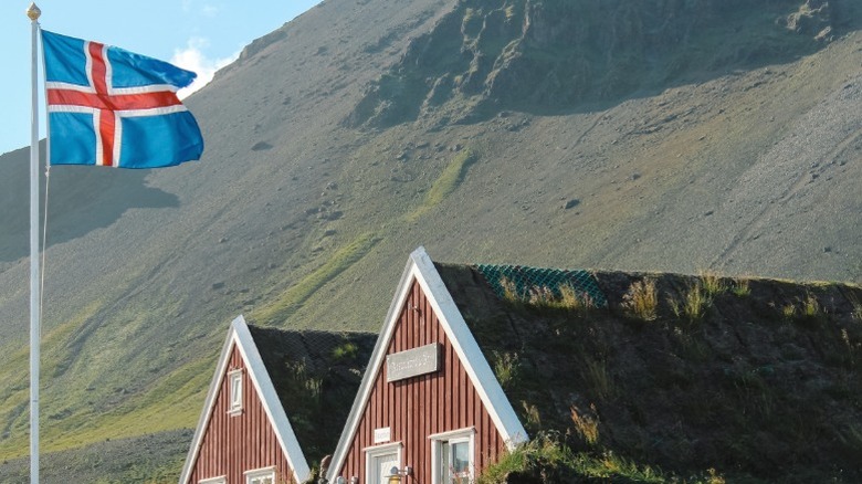 The Icelandic flag flying over two A-frame houses.