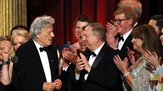 Tom Stoppard accepts the Tony for best new play for ‘Leopoldstadt,’ in New York City in 2023.