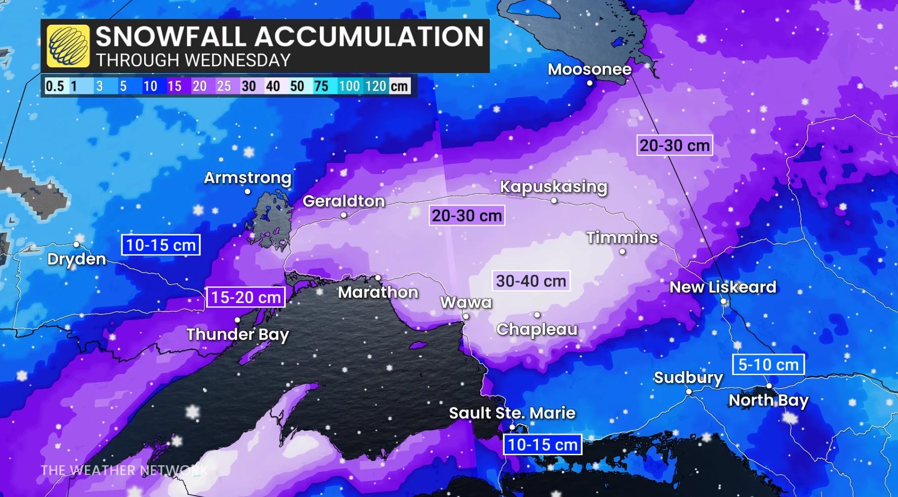 Northern Ontario snowfall accumulation through Wednesday