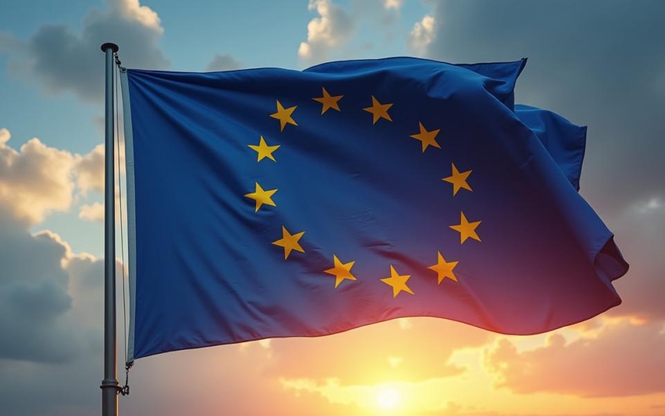 European Union flag and symbolic split imagery illustrating the shifting economic landscape between Eastern and Western Europe.