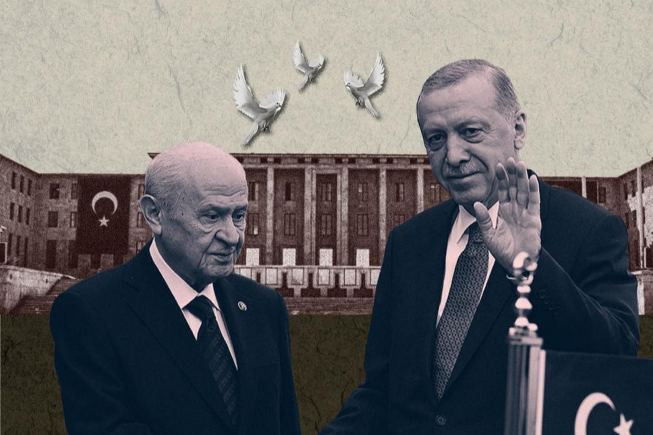 Photo illustration shows President Recep Tayyip Erdogan (right) and Nationalist Movement Party (MHP) Chairman Devlet Bahceli (left) in front of the Turkish Grand National Assembly. (Collage by Türkiye Today)
