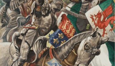 Plantagenet King Richard and Henry Tudor (subsequently Henry VII) on the Battlefield at Market Bosworth in 1485. Note the Welsh-style coats of Arms of Tudor Knights. A large portion of the Men in Henry's army were Welsh.