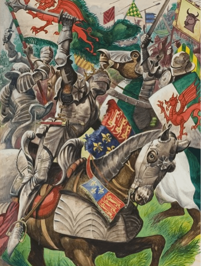 Plantagenet King Richard and Henry Tudor (subsequently Henry VII) on the Battlefield at Market Bosworth in 1485. Note the Welsh-style coats of Arms of Tudor Knights. A large portion of the Men in Henry's army were Welsh.