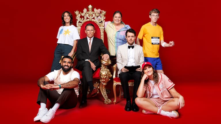 Jeremy Wells with the latest cast of Taskmaster NZ. 
