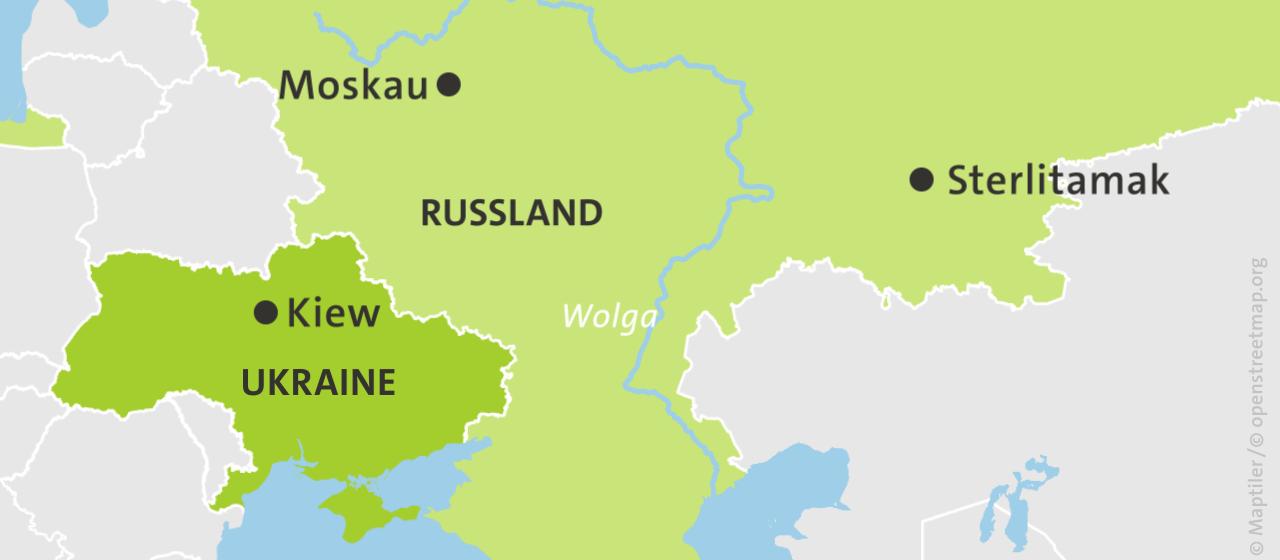 Karte mit Russland, der Stadt Sterlitamak und der Ukraine | ARD-aktuell Karte mit Russland, der Stadt Sterlitamak und der Ukraine