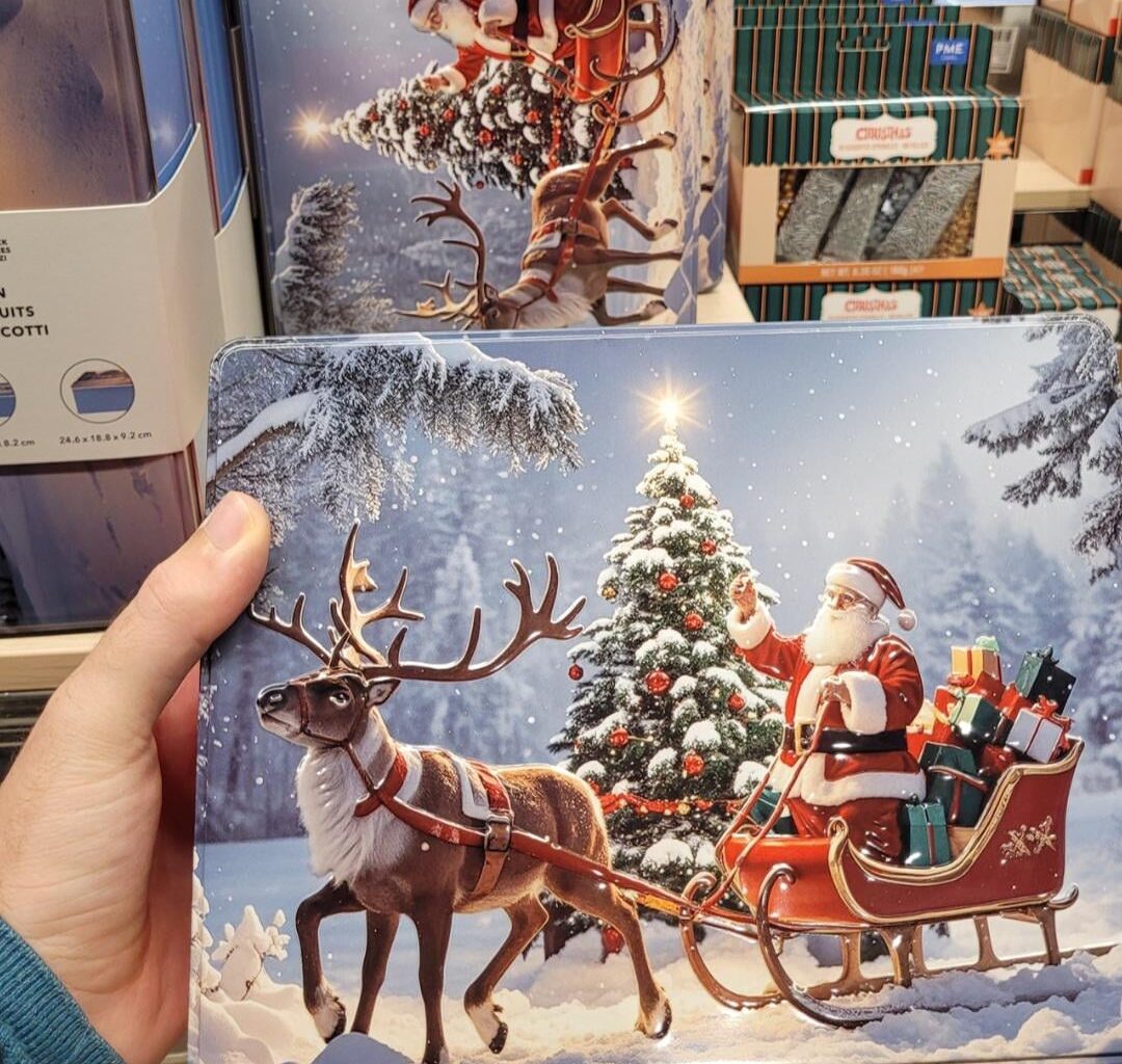 In Switzerland's largest supermarket chain, they sell a cookie box with an AI design (the reindeer has five legs)