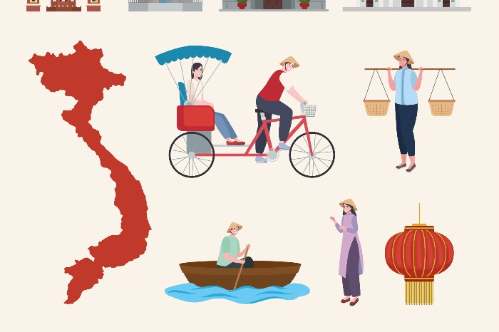 Illustrations depicting iconic scenes of Vietnam and the country map (Courtesy of Getty Images)