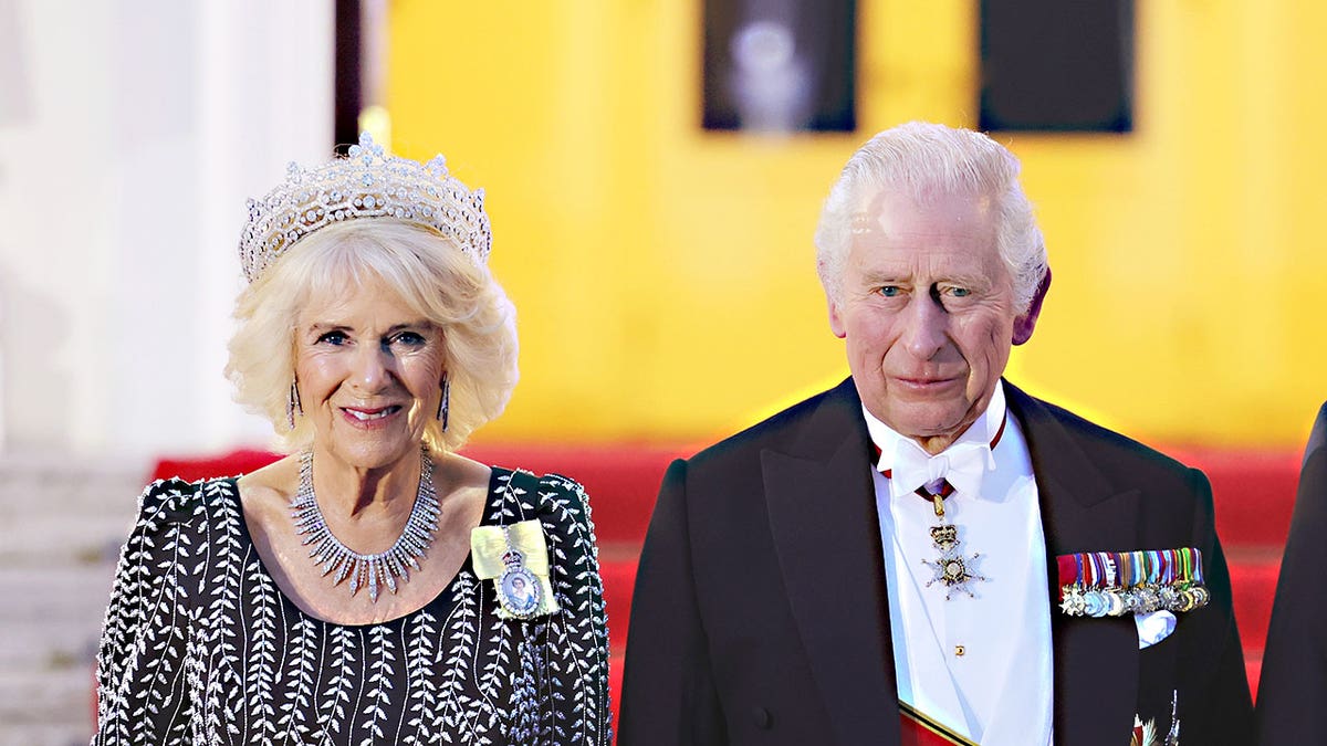 King Charles and Queen Camilla standing together in formal attire wearing jewels.