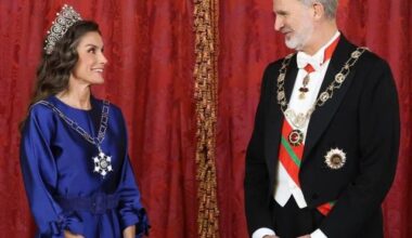 King Felipe VI and Queen Letizia of Spain during the gala dinner offered in honor of the Sultan of Oman at the Royal Palace of Madrid