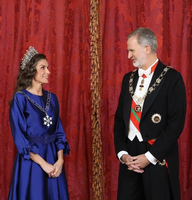 King Felipe VI and Queen Letizia of Spain during the gala dinner offered in honor of the Sultan of Oman at the Royal Palace of Madrid