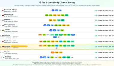 🌍 Top 10 Countries by Climate Diversity. Climate sub-types per km² [OC]