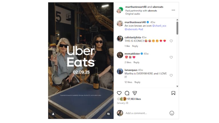 Inter-generational icons Martha Stewart and Charli XCX appear in a paid promotion for Uber on Instagram. 