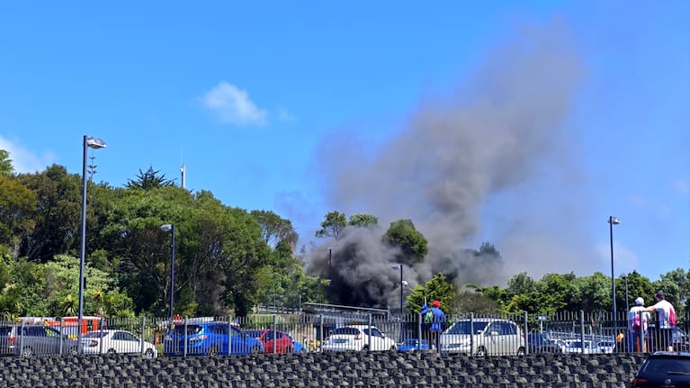 Smoke billows from a bus on fire at an overbridge on Auckland's North Shore.