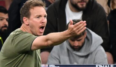 Der deutsche Cheftrainer Julian Nagelsmann gestikuliert während des Halbfinalspiels der UEFA Nations League zwischen Deutschland und Portugal am 4. Juni 2025 in München. (Foto: Odd Andersen / AFP)