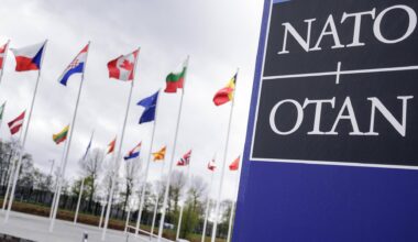 Fahnen der NATO-Mitgliedsstaatenhinter einem Schild mit der Aufschrift NATO/OTAN.